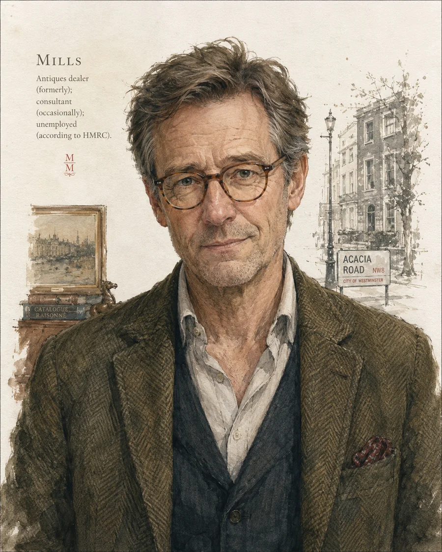 Kingsley Mills, an antiques dealer in a brown tweed jacket