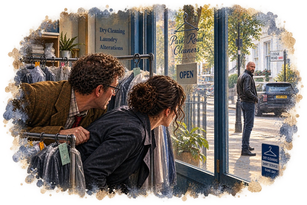 Kingsley Mills and Marnie Morrison watching a suspect from inside a dry cleaner